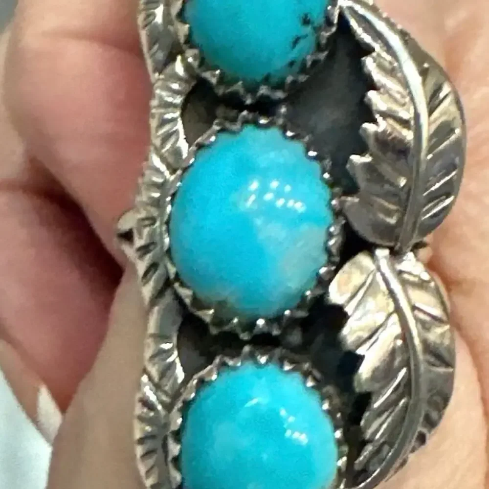Three Stone Turquoise Sterling Silver Ring Size 9 - Picture 6 of 7